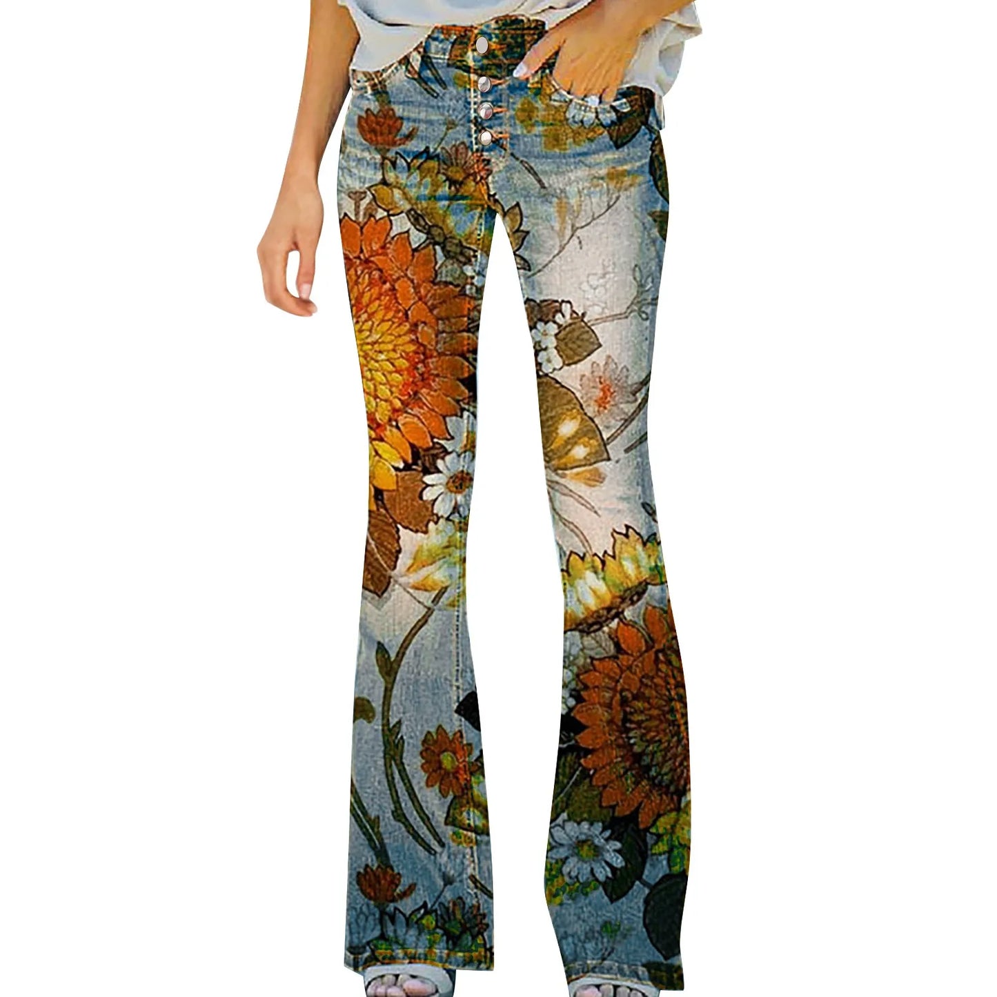 Wide Leg Denim Print Casual Pants.