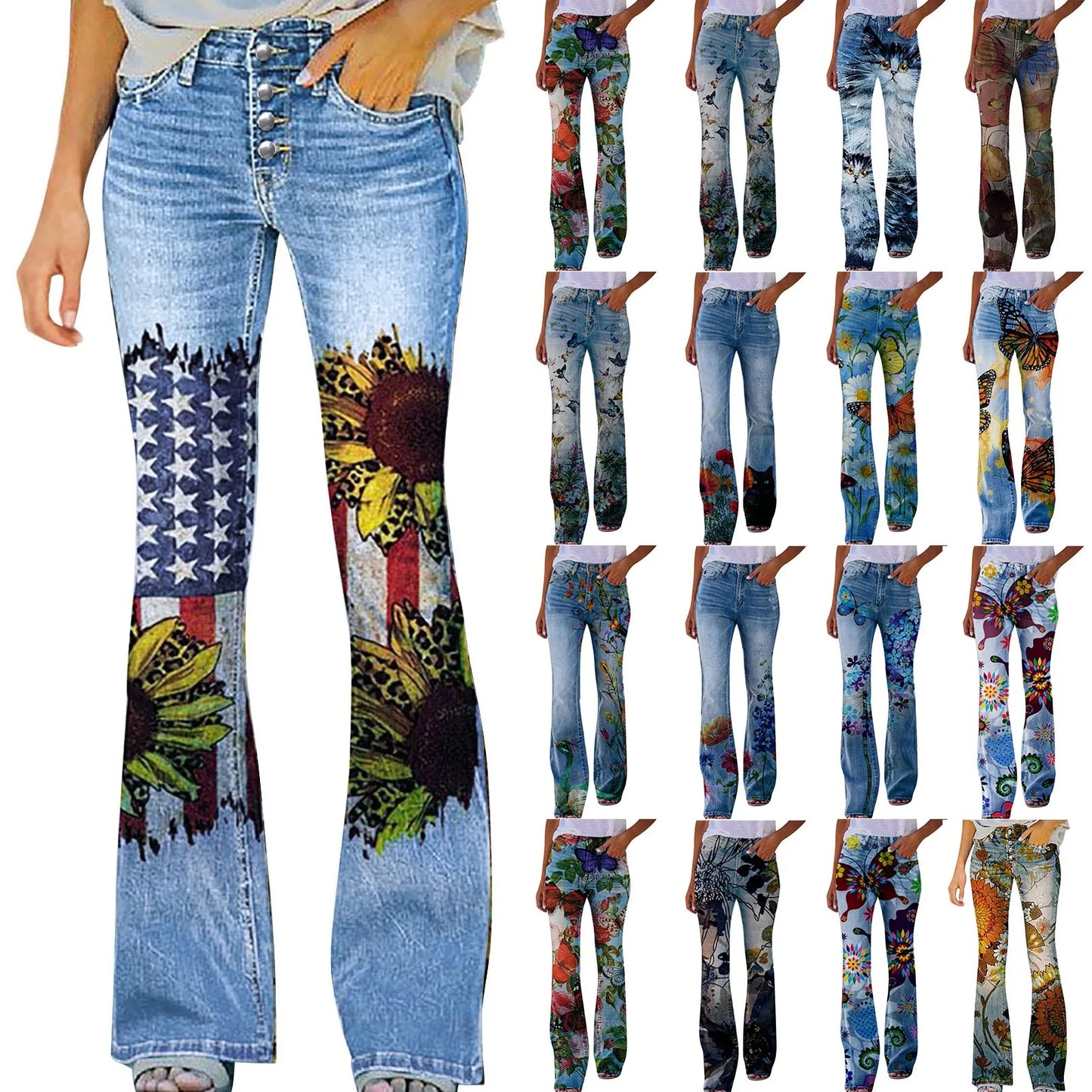 Wide Leg Denim Print Casual Pants.